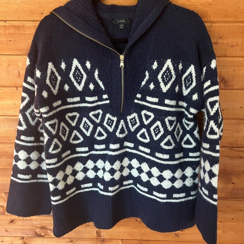 J.Crew Fair Isle Full Zip Cardigan Sweater Blue Cream Navy Size S/M